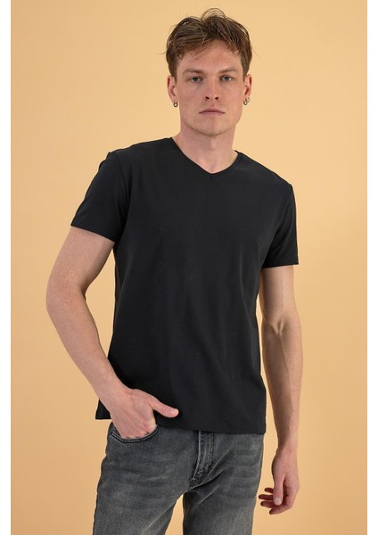 Erkek Nick Siyah V Yaka Slim Fit Basic Tişört