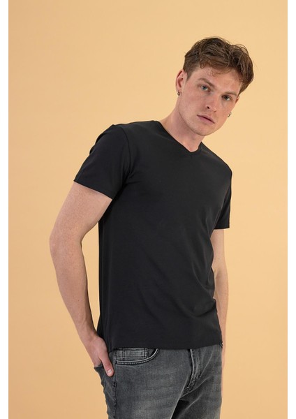 Erkek Nick Siyah V Yaka Slim Fit Basic Tişört