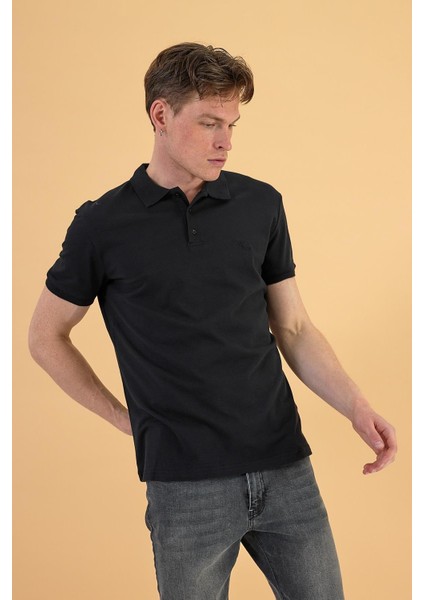 Erkek Martin Siyah Slim Fit Polo Yakalı Pike Tişört