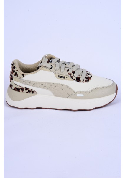 396437-01 Runtamed Platform Drama Fileli Deri Detaylı Leopar Desen Ortopedik Taban Bağcıklı Hafif Esnek Krem Günlük Kadın Spor Ayakkabı