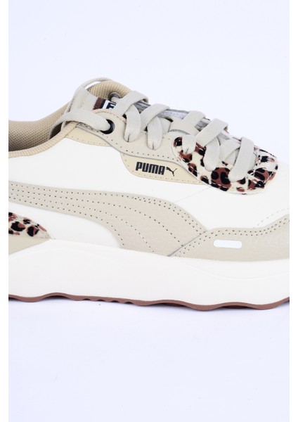 396437-01 Runtamed Platform Drama Fileli Deri Detaylı Leopar Desen Ortopedik Taban Bağcıklı Hafif Esnek Krem Günlük Kadın Spor Ayakkabı