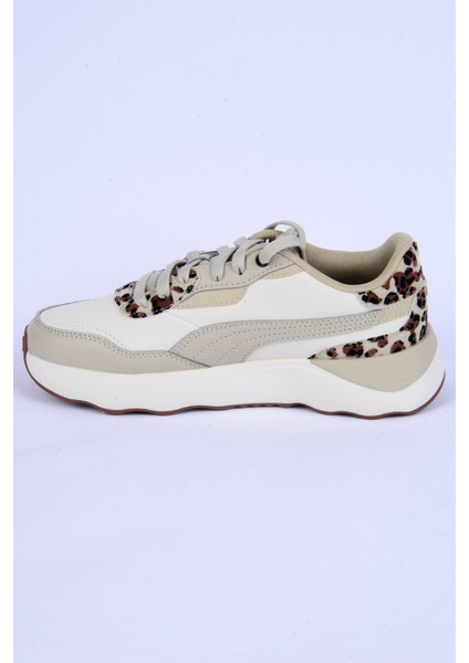 396437-01 Runtamed Platform Drama Fileli Deri Detaylı Leopar Desen Ortopedik Taban Bağcıklı Hafif Esnek Krem Günlük Kadın Spor Ayakkabı