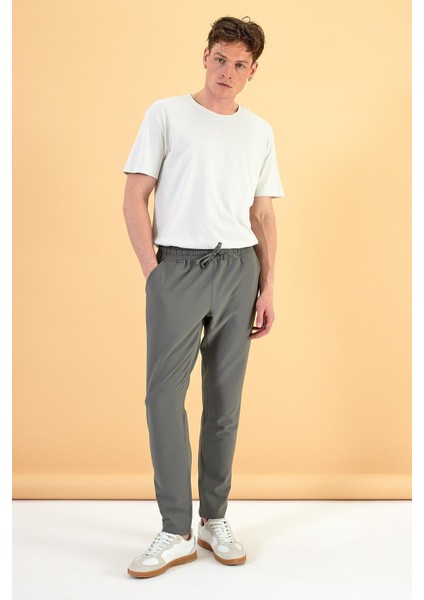 Erkek Alfred Haki Beli Lastikli Slim Straight Gofre Pantolon