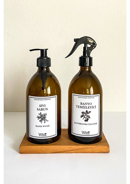 Ahşap Stantlı Amber Cam Sıvı Sabun ve Banyo Temizleyici Şişesi