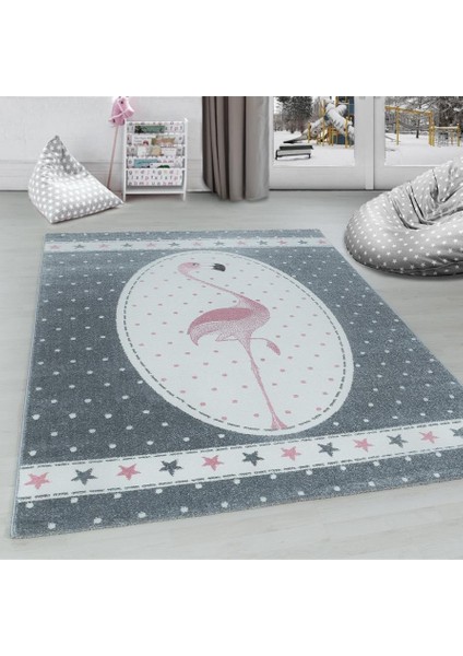 Flamingo Yıldız Desenli Çocuk Odası Halısı Pembe Gri Beyaz Renkli Halı