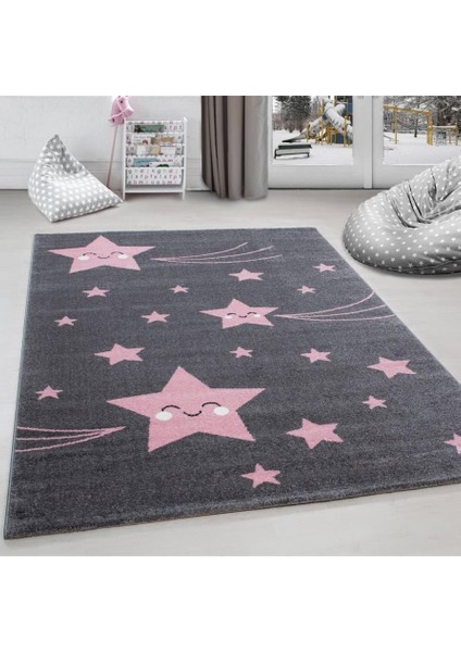 Sevimli Yıldız Star Desenli Çocuk Halısı Gri Pembe