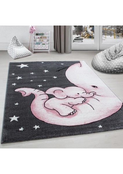 Yıldız ve Fil Desenli Çocuk Halısı Gri-Pembe-Beyaz