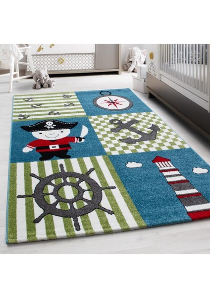 Sevimli Korsan Desenli Soft Çocuk Halısı Mavi Yeşil