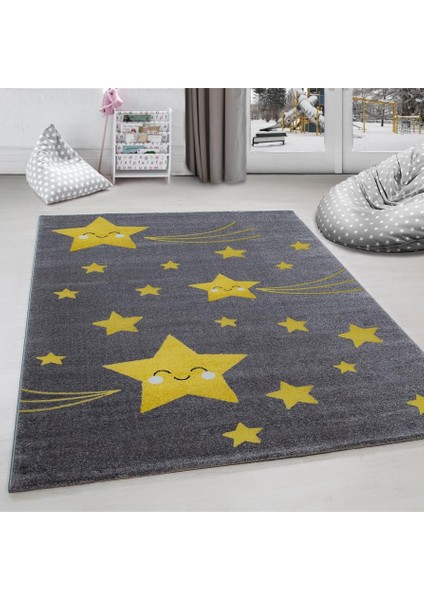 Sevimli Yıldız Desenli Soft Çocuk Odası Halısı Gri Sarı Renkli