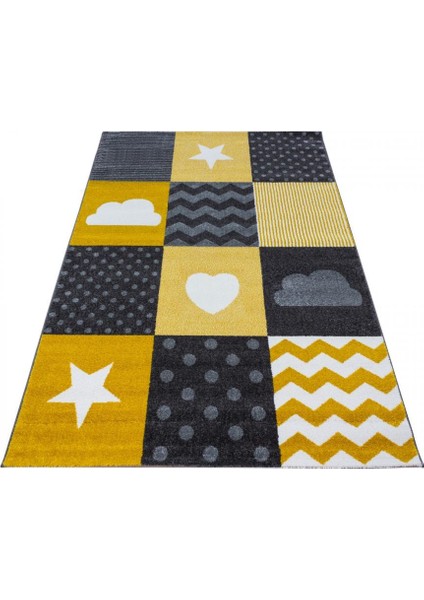 Kareli Yıldız Kalp Bulut Desenli Soft Çocuk Odası Halısı Gri Sarı Beyaz indirimleri