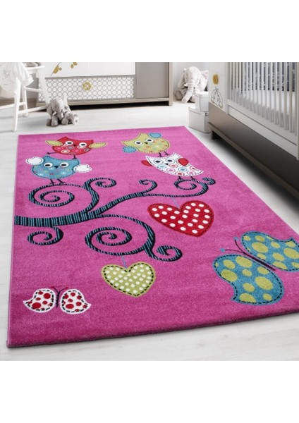 Sevimli Baykuş Kalpler ve Kelebek Çocuk Halısı Lila Pembe