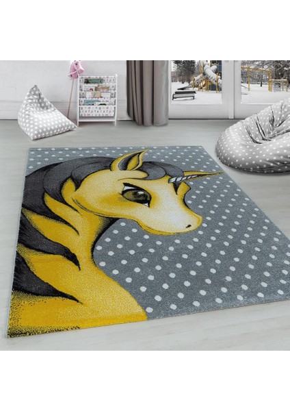 Sevimli Peri Atı Desenli Soft Çocuk Halısı Gri Sarı Beyaz Renklerde