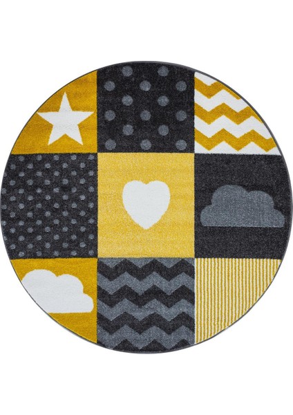 Yuvarlak Halı - Yıldız Kareli Kalp Bulut Desenli Çocuk Odası Halısı Gri Sarı Beyaz