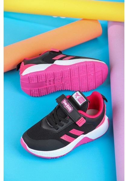 Cırtlı Siyah Fuşya Pudra Kız Çocuk Spor Ayakkabı