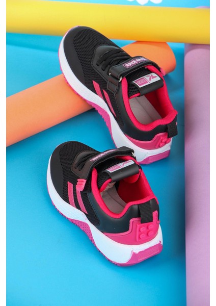 Cırtlı Siyah Fuşya Pudra Kız Çocuk Spor Ayakkabı modelleri