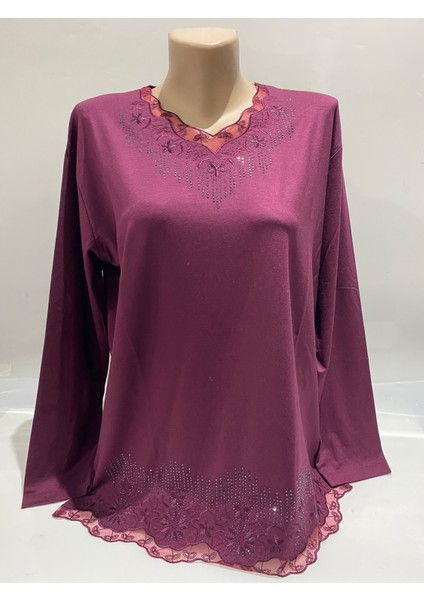 Rahat Kesim V Yaka Etek Ucu Tül Inci Işlemeli Mürdüm Anne Penye Bluz fiyatları