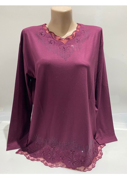 Rahat Kesim V Yaka Etek Ucu Tül Inci Işlemeli Mürdüm Anne Penye Bluz modelleri