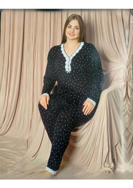 Kadın Viskon Büyük Beden Uzun Kol V Yakası Nakışlı Ince Pijama Takımı 7525/4 - 1 Adet
