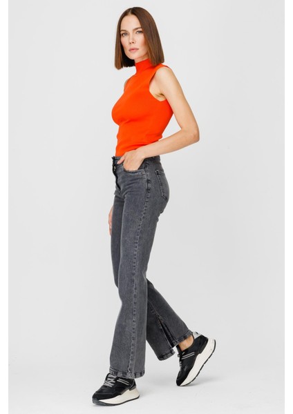 Yüksek Bel Yırtmaçlı Denim Pantolon - Siyah fırsatları