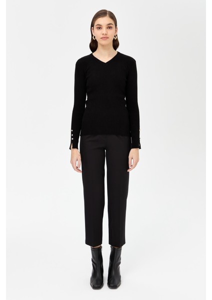 V Yaka Fitilli Basic Triko Kazak-SİYAH