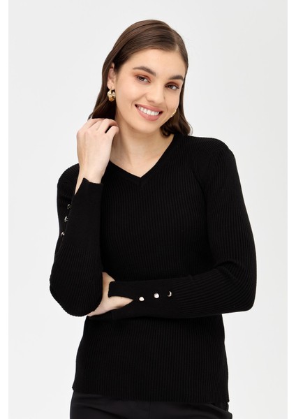 V Yaka Fitilli Basic Triko Kazak-SİYAH