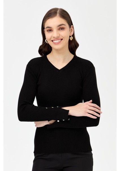 V Yaka Fitilli Basic Triko Kazak-SİYAH