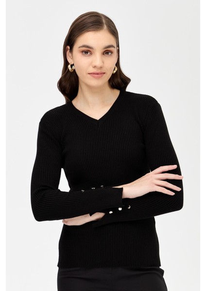 V Yaka Fitilli Basic Triko Kazak-SİYAH