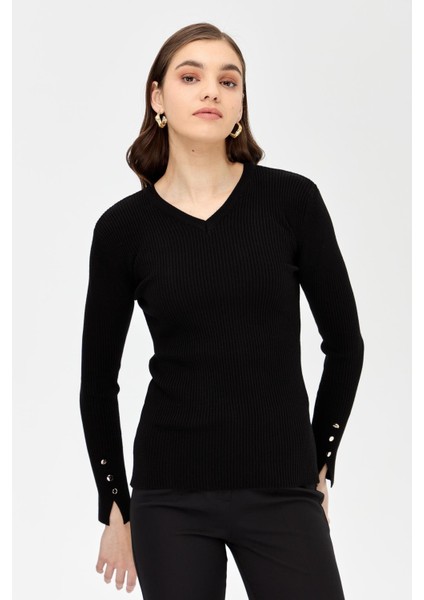 V Yaka Fitilli Basic Triko Kazak-SİYAH