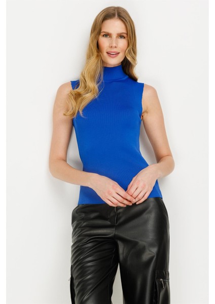 Yarım Balıkçı Kolsuz Basic Triko Kazak-SAX fırsatları