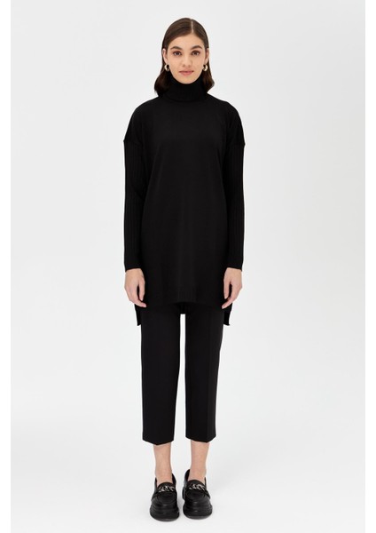 Balıkçı Yaka Kolları Fitilli Triko Tunik-SİYAH