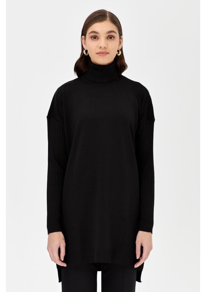 Balıkçı Yaka Kolları Fitilli Triko Tunik-SİYAH fiyatları