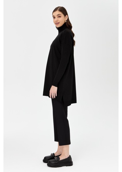 Balıkçı Yaka Kolları Fitilli Triko Tunik-SİYAH modelleri