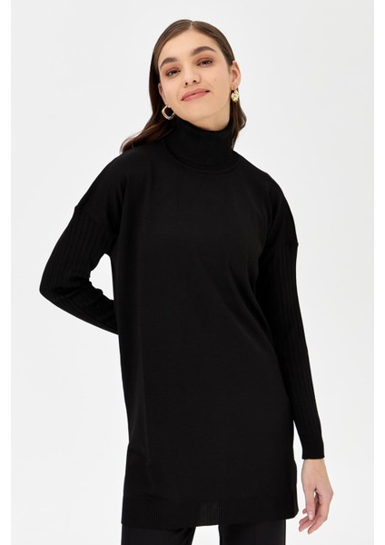 Balıkçı Yaka Kolları Fitilli Triko Tunik-SİYAH fırsatları