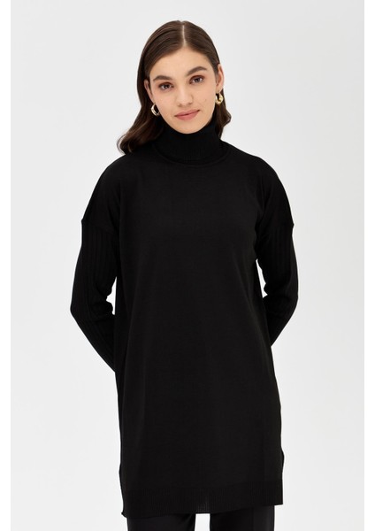 Balıkçı Yaka Kolları Fitilli Triko Tunik-SİYAH indirimleri