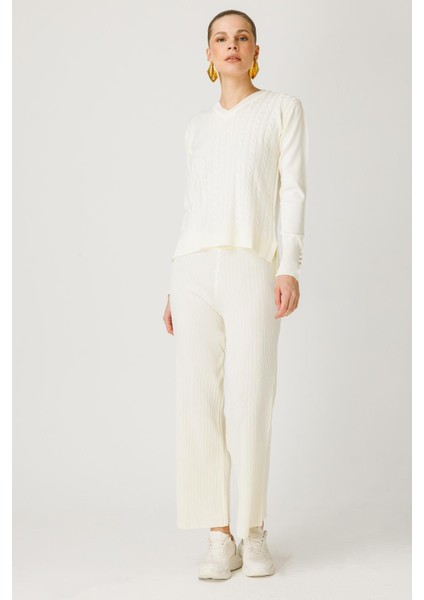 Beli Lastikli Triko Pantolon - Ekru