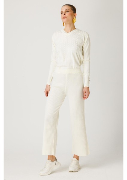 Beli Lastikli Triko Pantolon - Ekru modelleri