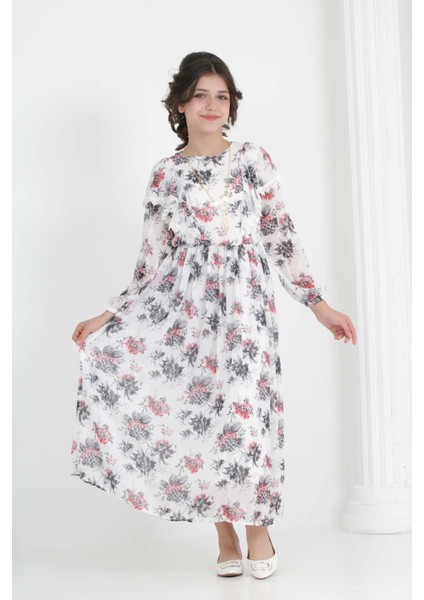 Kız Çocuk Tam Boy Çiçekli Iç Göstermeyen Astarlı Uzun Şifon ELBISE-ELB-0039
