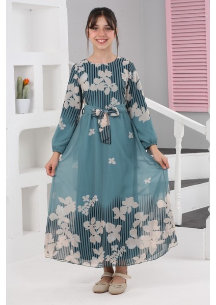 Kız Çocuk Astarlı Tam Boy Çiçek Desenli Iç Göstermeyen Şık ve Rahat Uzun ELBISE-ELB-0040