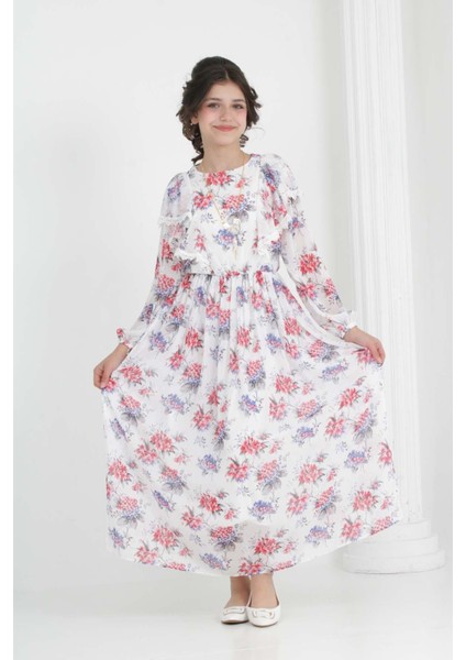 Kız Çocuk Astarlı Tam Boy Çiçek Desenli Iç Göstermeyen Kolye Detaylı Uzun Şifon ELBISE-ELB-0039