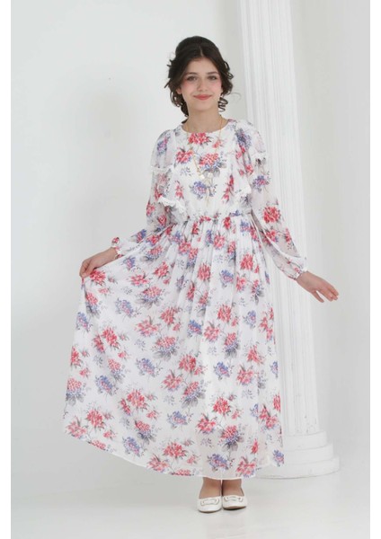 Kız Çocuk Astarlı Tam Boy Çiçek Desenli Iç Göstermeyen Kolye Detaylı Uzun Şifon ELBISE-ELB-0039 modelleri