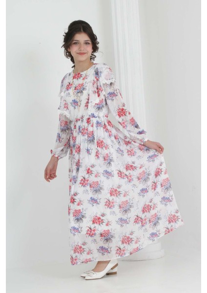 Kız Çocuk Astarlı Tam Boy Çiçek Desenli Iç Göstermeyen Kolye Detaylı Uzun Şifon ELBISE-ELB-0039 fırsatları