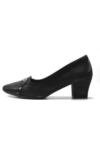 8614 Siyah & Gümüş Kısa Kalın Topuklu Kadın Abiye Ayakkabı