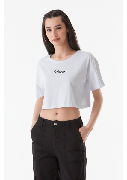 Paris Nakışlı Bisiklet Yaka Crop T-Shirt