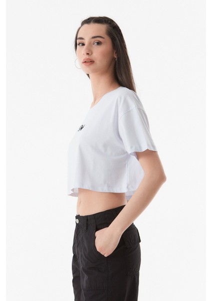 Paris Nakışlı Bisiklet Yaka Crop T-Shirt