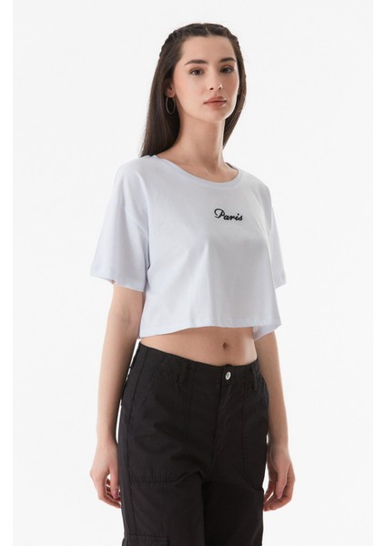 Paris Nakışlı Bisiklet Yaka Crop T-Shirt