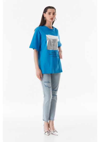 Baskılı Bisiklet Yaka Oversize T-Shirt