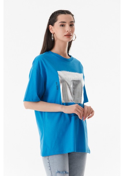 Baskılı Bisiklet Yaka Oversize T-Shirt