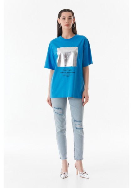 Baskılı Bisiklet Yaka Oversize T-Shirt