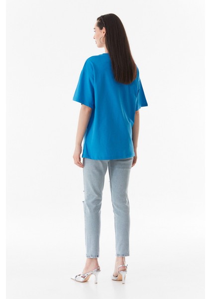 Baskılı Bisiklet Yaka Oversize T-Shirt