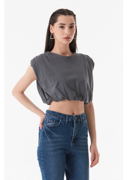 Basic Bisiklet Yaka Beli Lastikli Crop T-Shirt